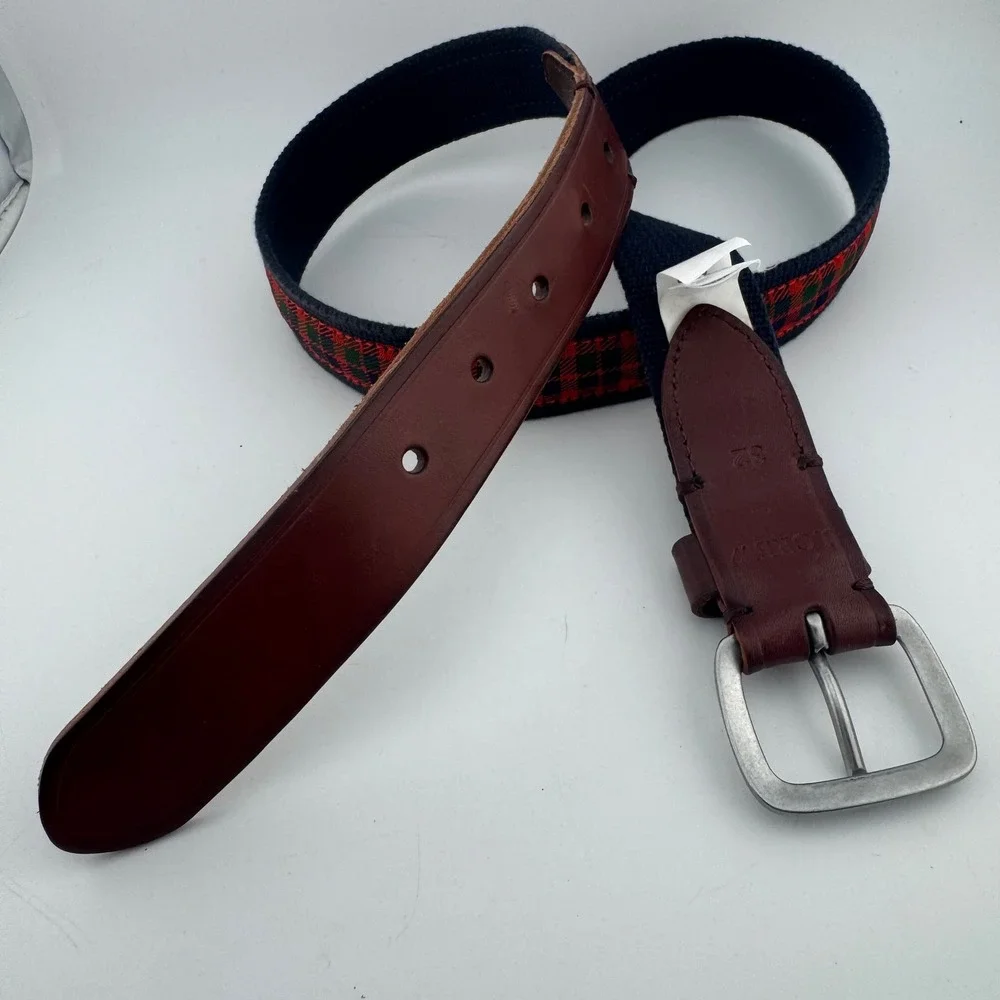 J.Crew Mens 32 Navy Blue Red Tartan Plaid Leather Canvas Belt K4680